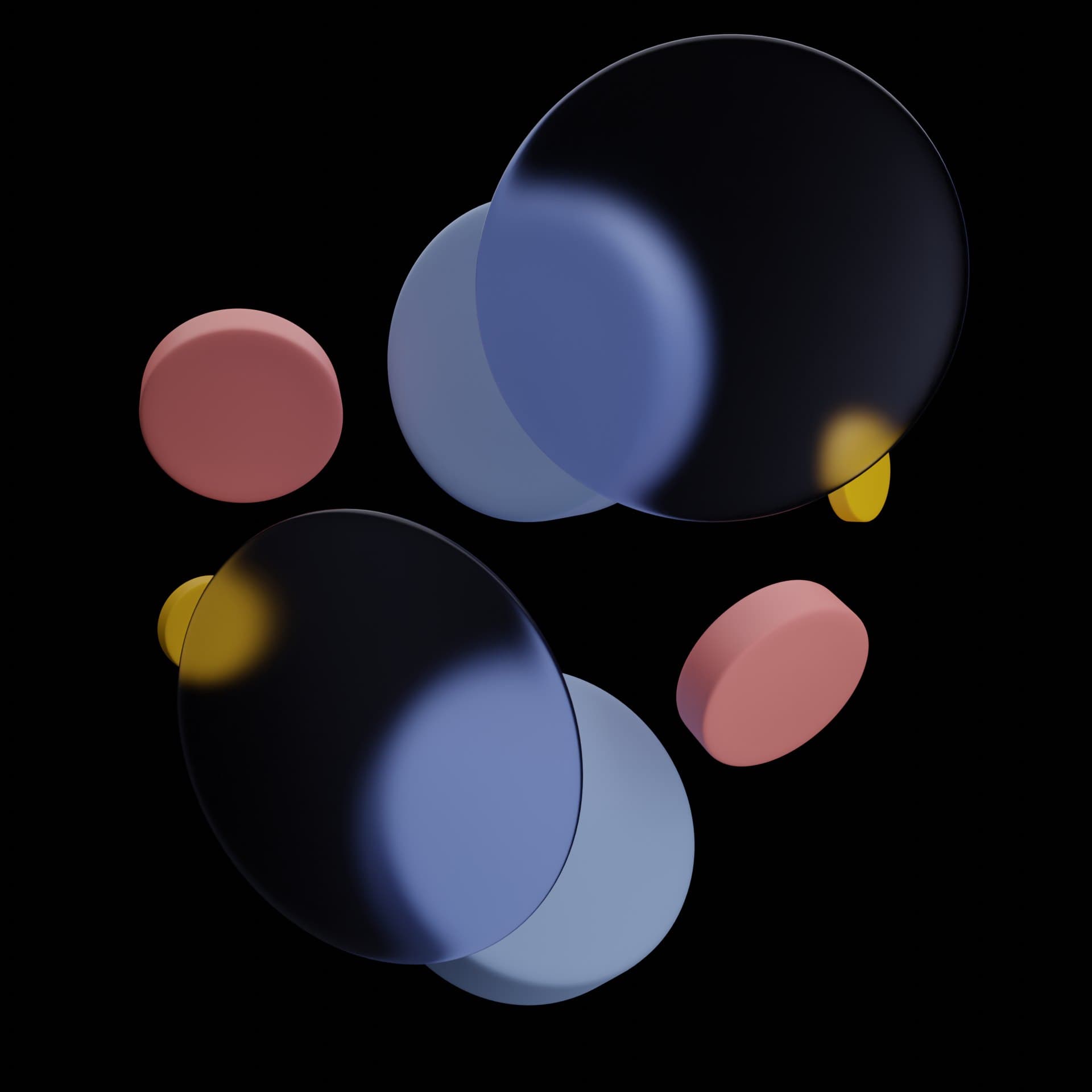Translucent frosted discs overlapping coral and yellow shapes on black.