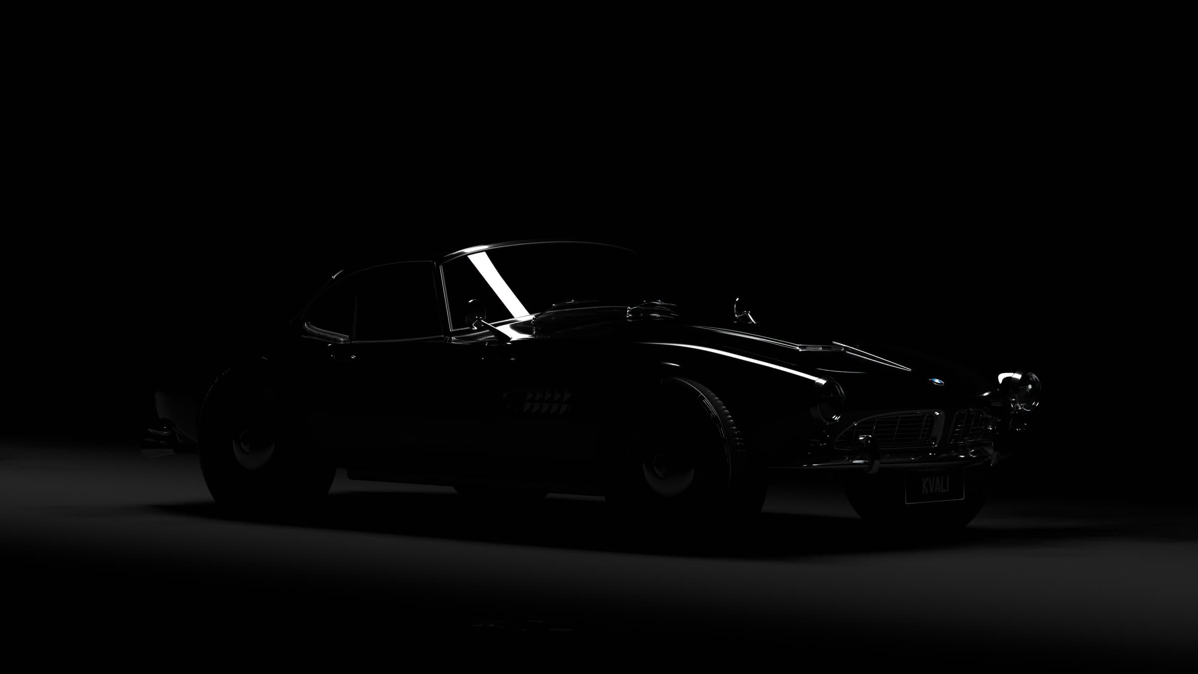 A BMW 507 roadster almost lost in darkness, traced only by thin highlights along its body.