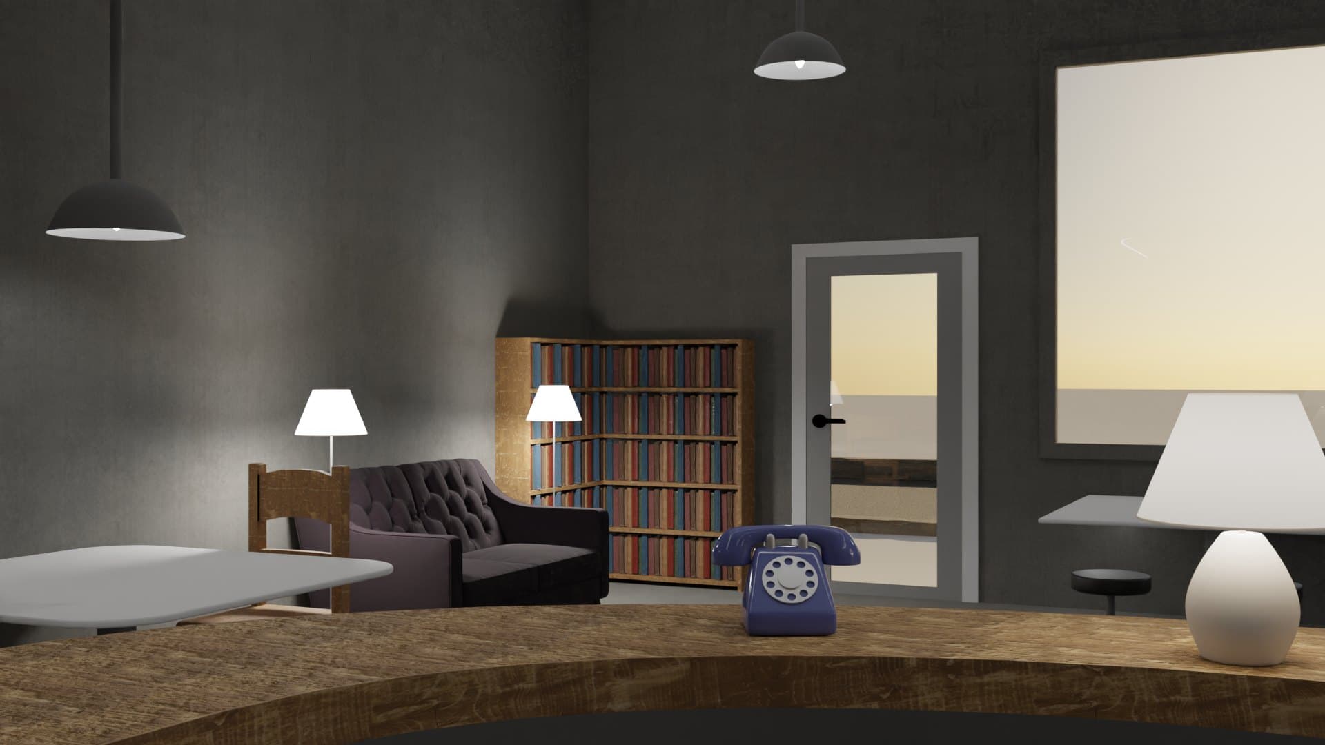 A dim lounge with a leather sofa, white table lamps, a rotary phone and bookshelves by the window.