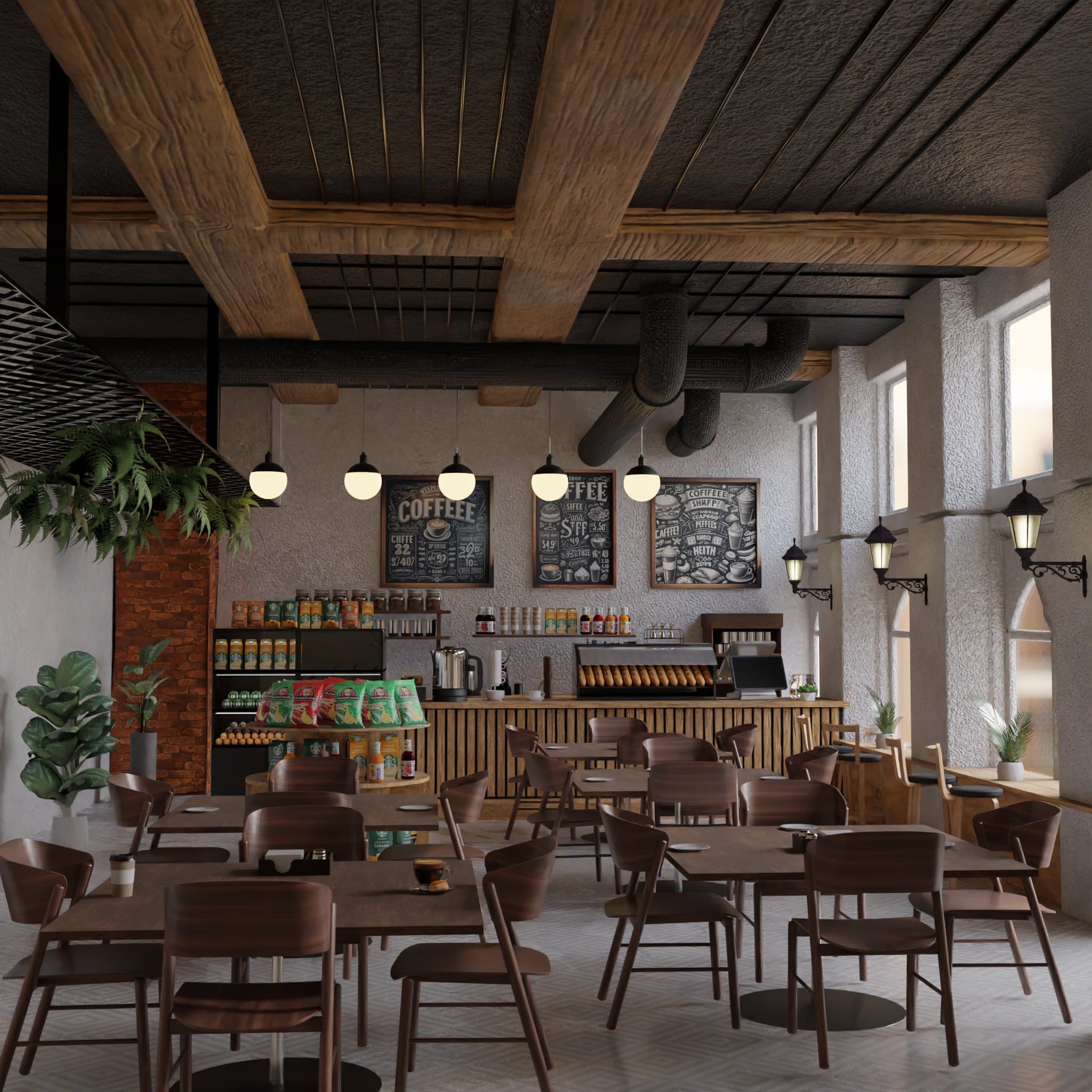 A café interior with exposed timber beams, brick walls, pendant lamps and rows of wooden tables.