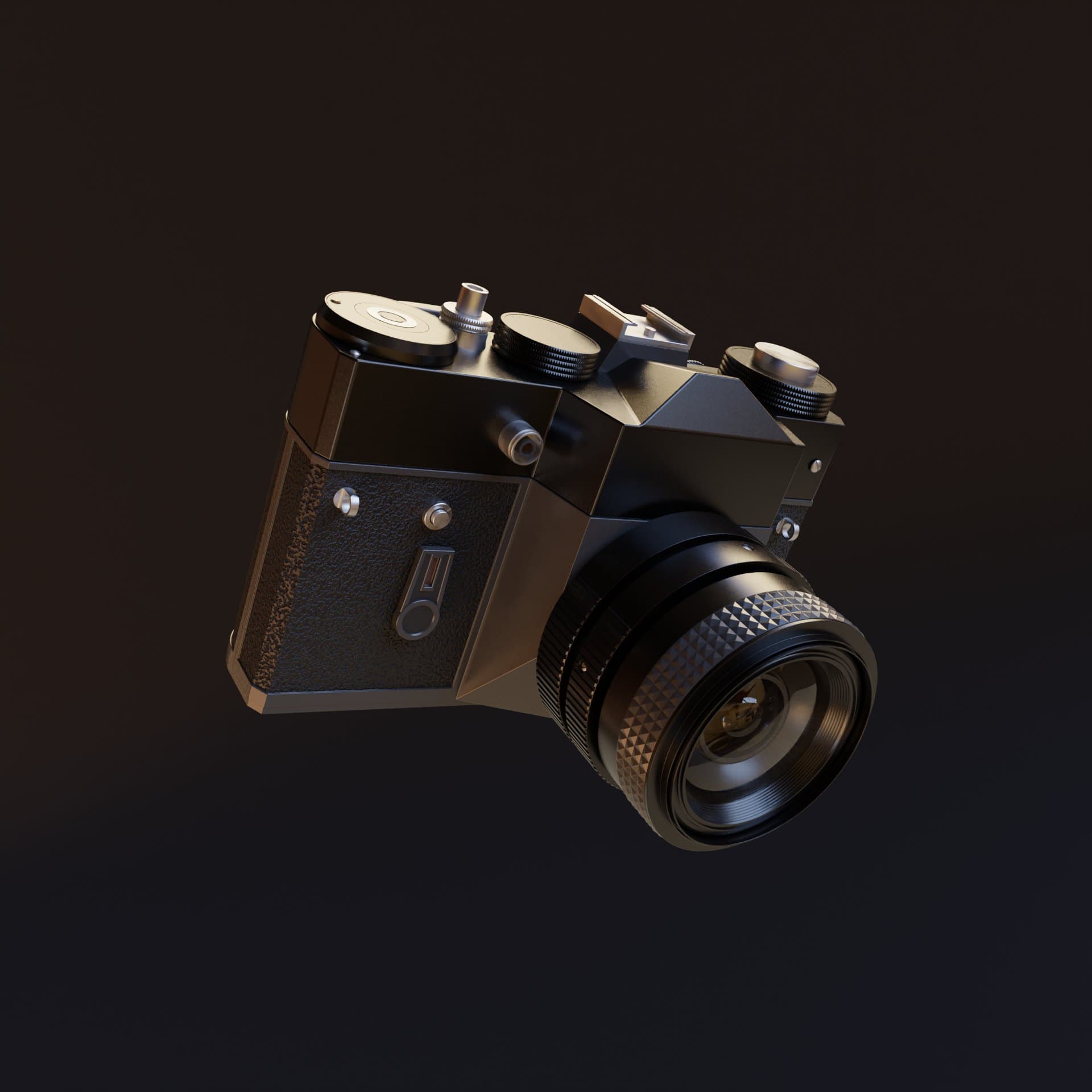 A vintage film camera floating at an angle against a dark background.