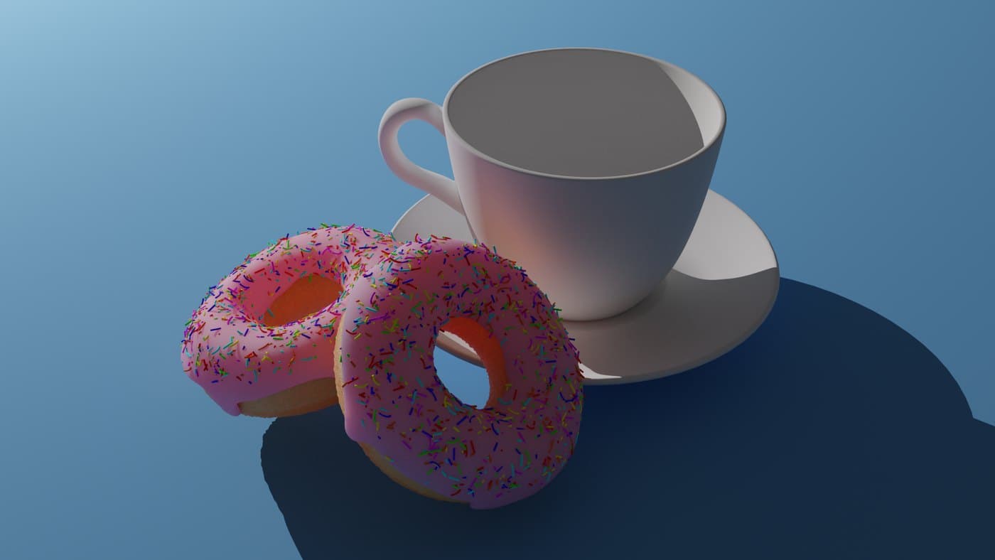 A 3D render of two pink doughnuts with sprinkles beside a white cup.