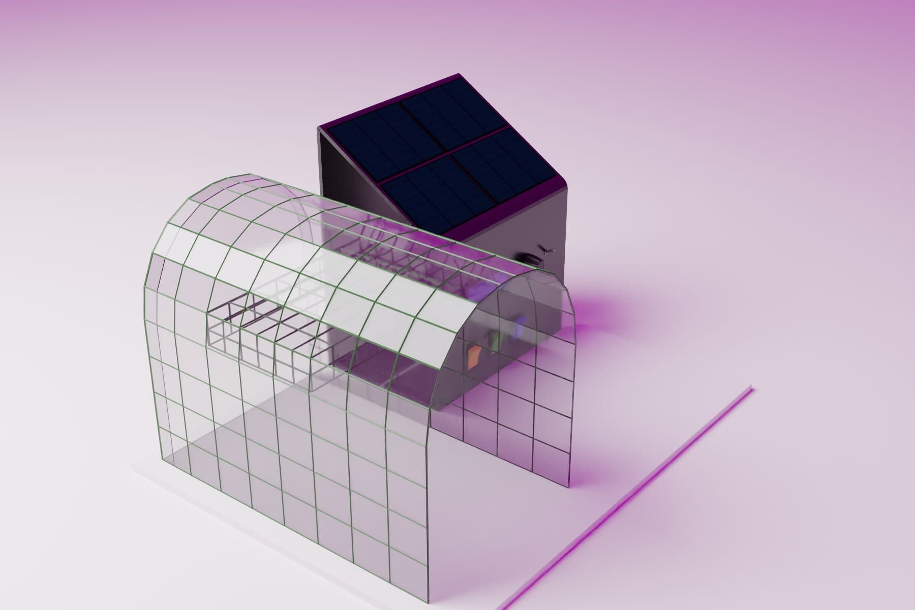 A 3D model of an arched greenhouse beside an electronics box with solar panels, lit by a magenta grow light.