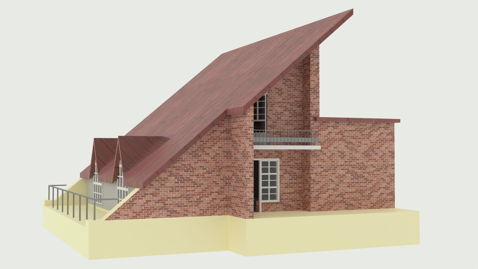 A brick house with a steep single-pitch roof and a small terrace, on a white background.