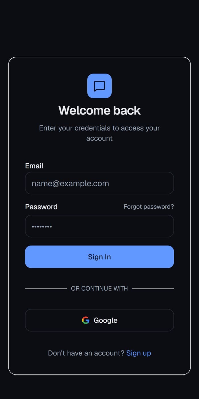 The Kvali Messenger sign-in screen on a phone, in a dark theme.