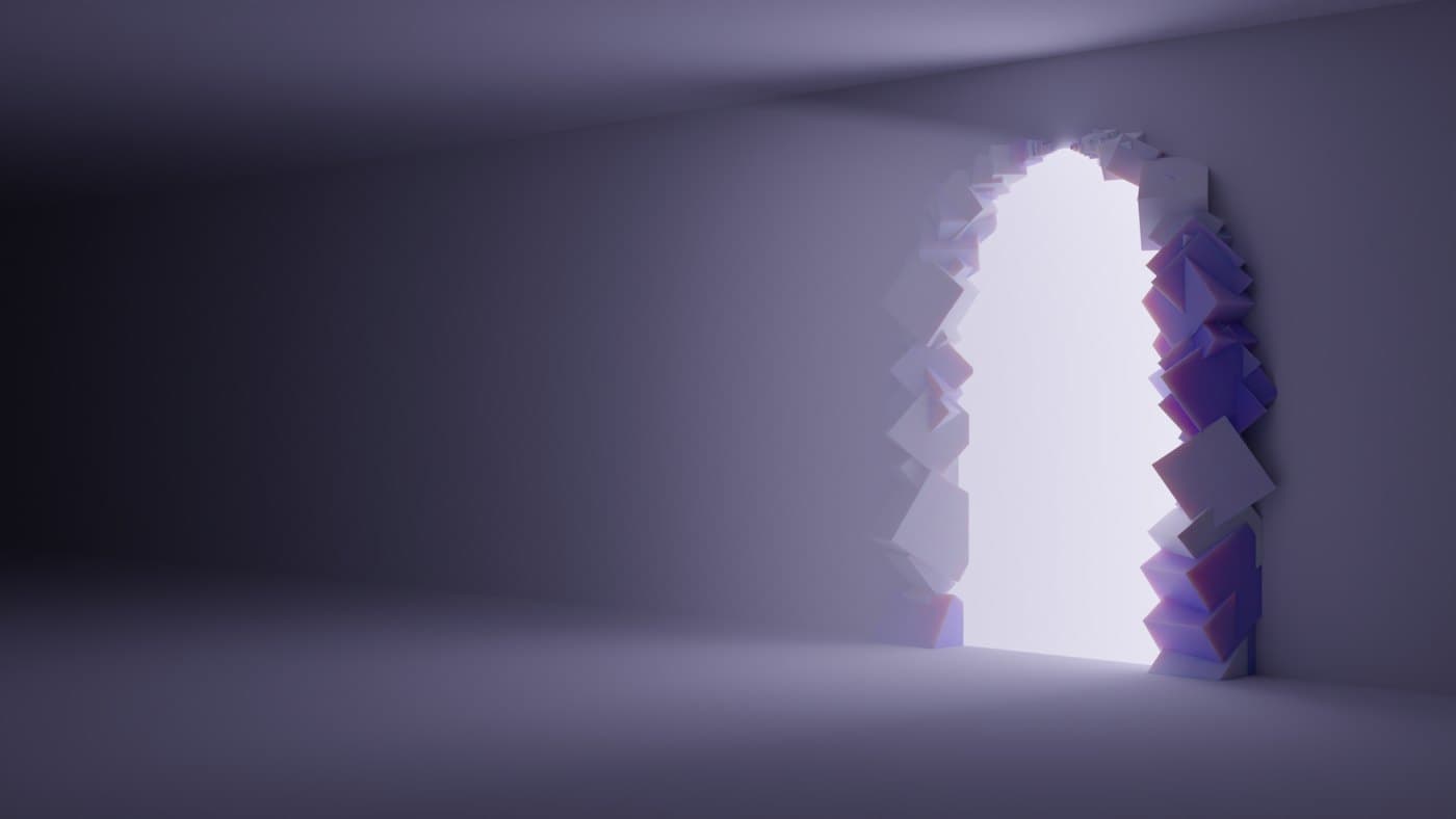 A dim violet room with a bright doorway broken open in the far wall.