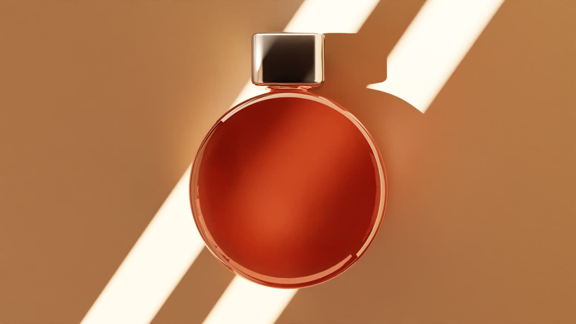 A round amber perfume bottle on a warm brown background crossed by diagonal bands of light.