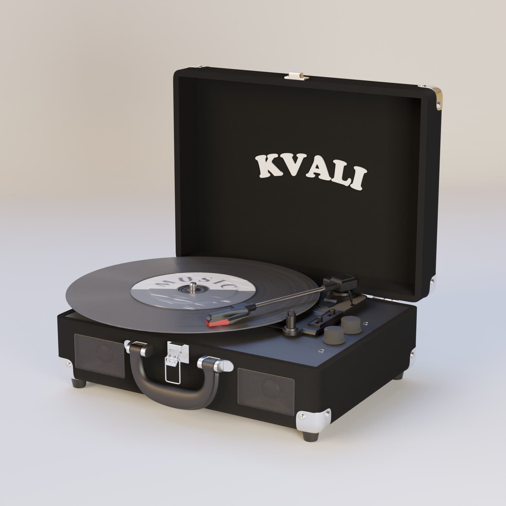 A black suitcase record player with KVALI printed inside the open lid.