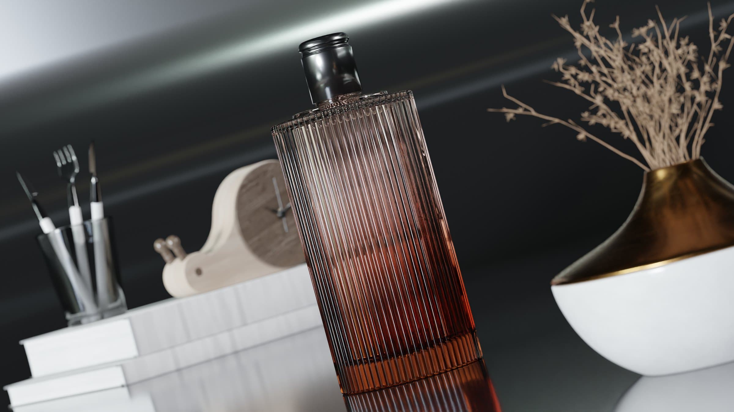 A tall ribbed glass bottle among brushes, a white bowl of dried branches and pale blocks.